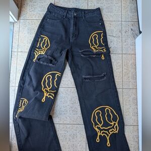 Black Yellow Smiley Grunge Street Jeans Destroyed Slashed Frayed Small
